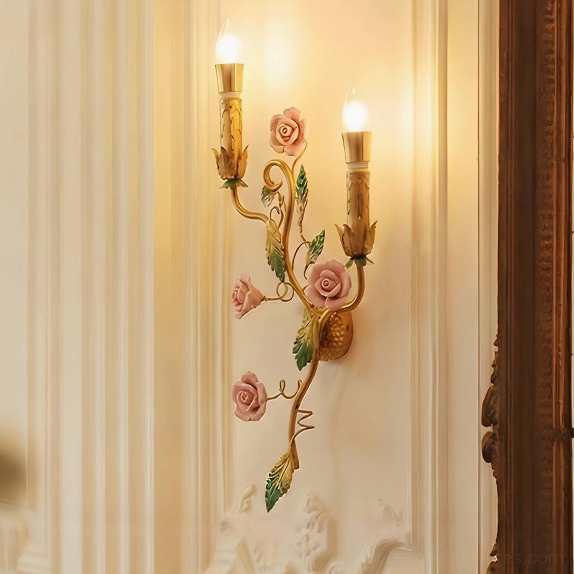 Carmelia wall sconce pink rose variant with sculptural metal branches and dual candle light holders