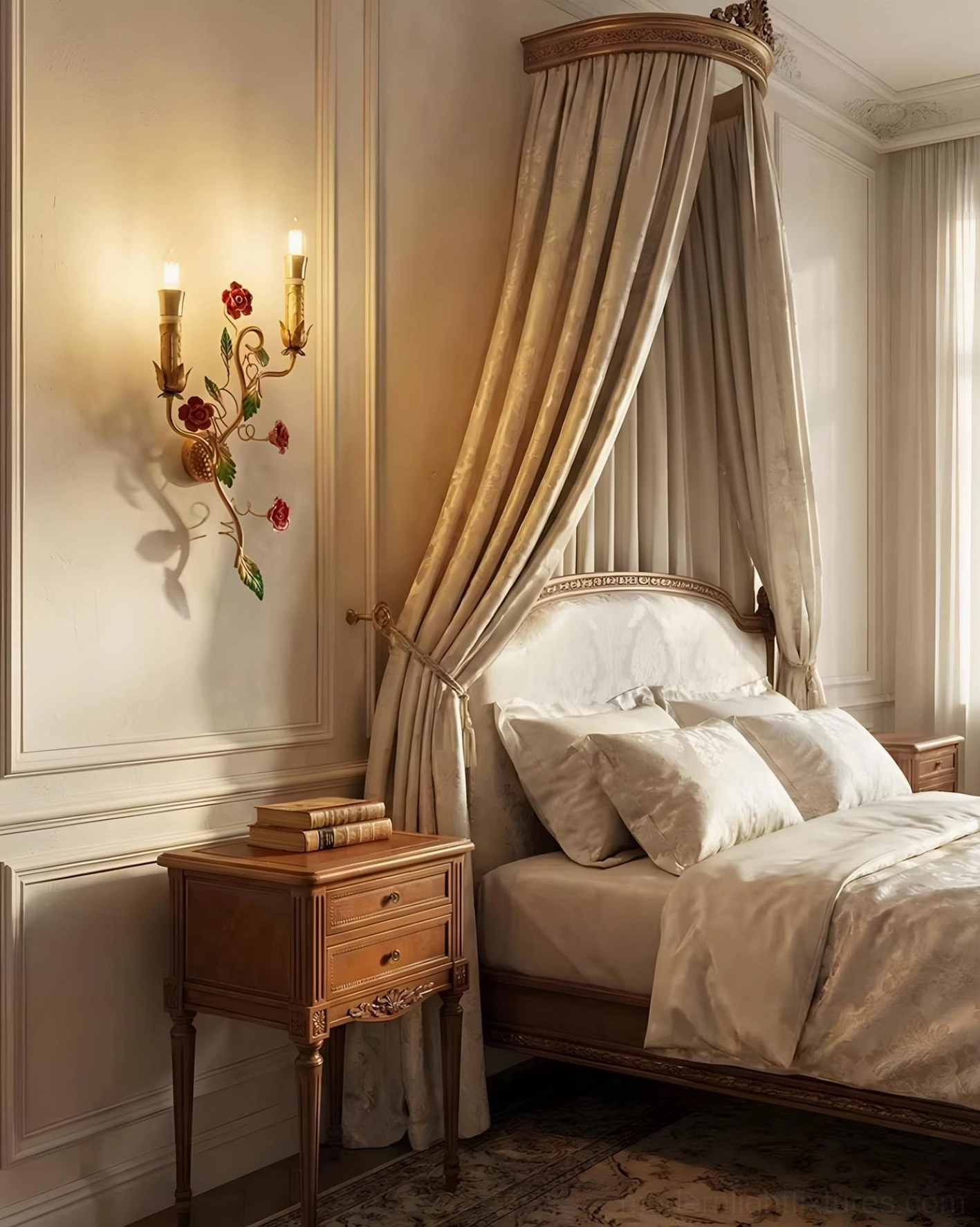Carmelia wall sconce mounted above elegant bedroom nightstand in French country interior with red painted blossoms