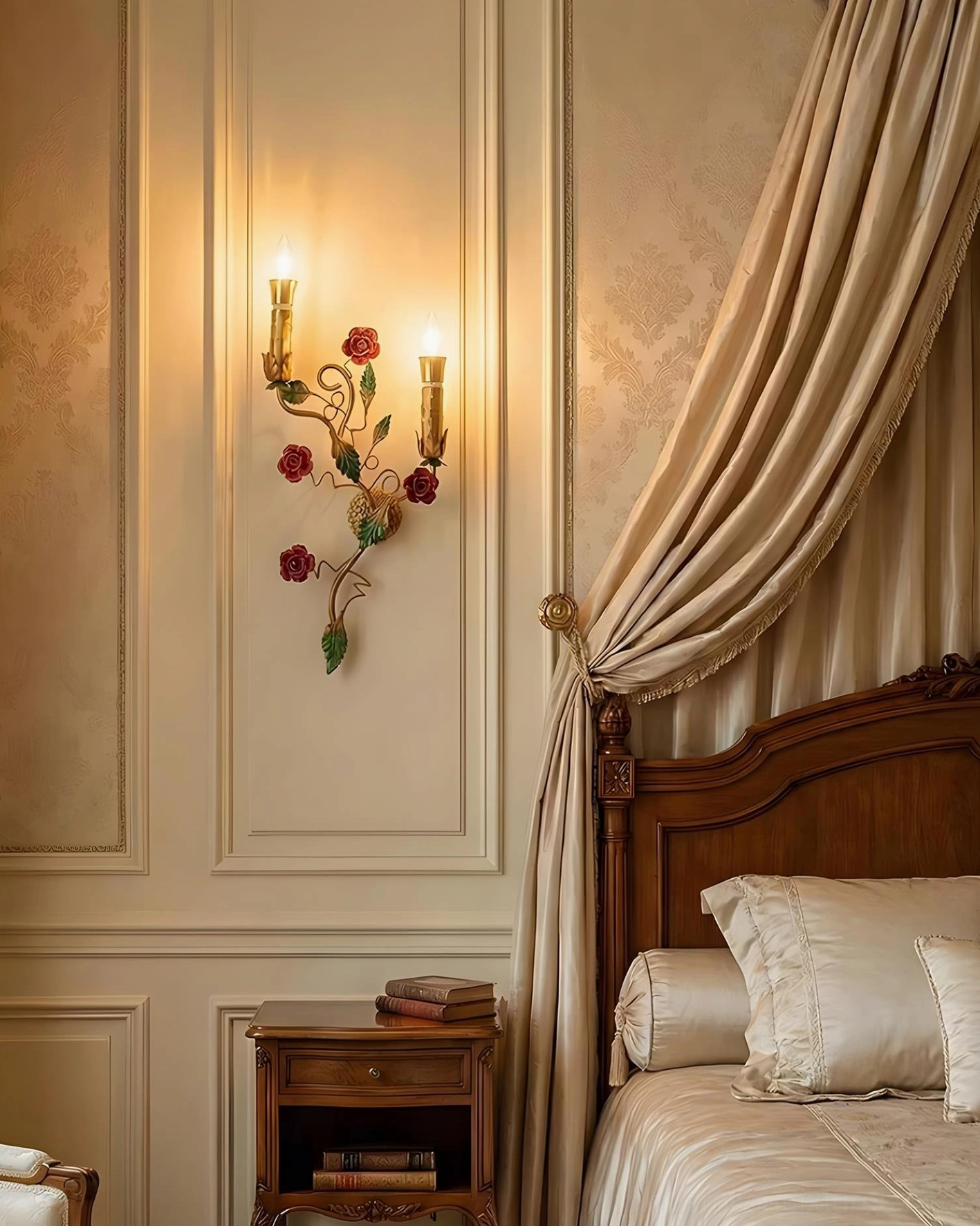 Romantic gold metal wall sconce with botanical details displayed in luxury wood-paneled bedroom setting