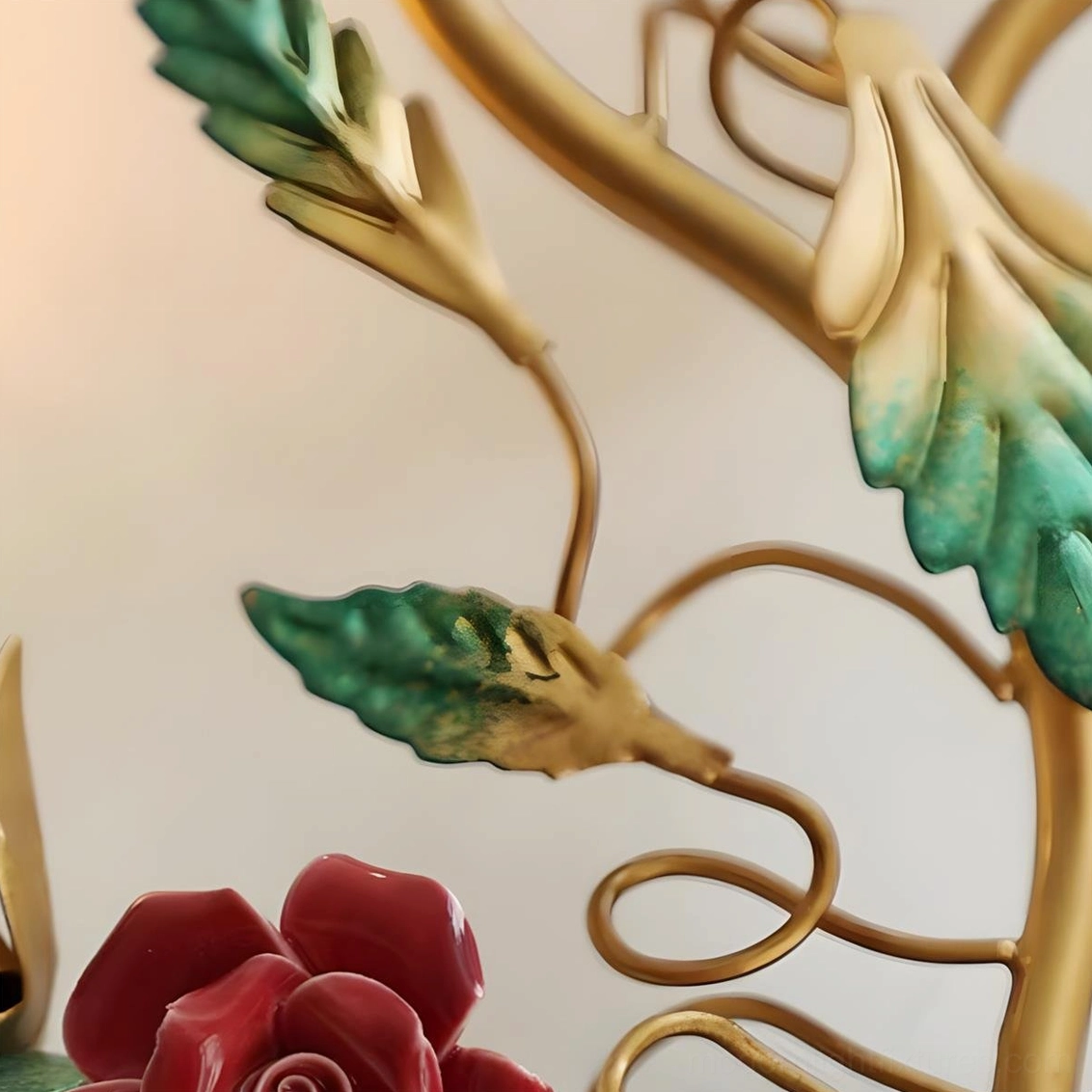 Elegant Carmelia wall sconce showcasing hand-painted red roses and green leaves on sculptural gold frame