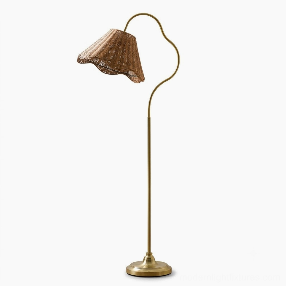 Carmelle rattan arc floor lamp full product display on plain white studio background showing complete silhouette