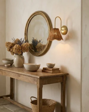 Carmelle gold rattan wall sconce installed in vintage entryway with console table and round mirror, warm ambient lighting