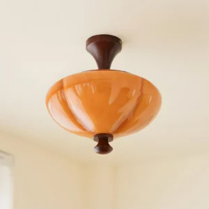 Carmelo ribbed amber glass ceiling lamp with dark walnut wood canopy, mid-century modern flush mount fixture