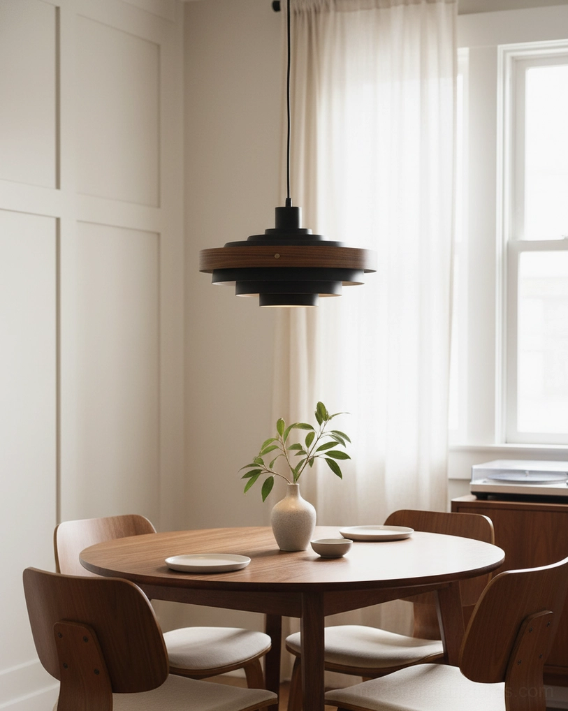 Carmen tiered pendant light in black and walnut wood, corner interior view with warm ambient lighting atmosphere