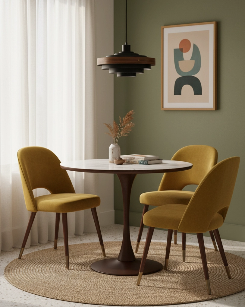 Carmen wood and metal pendant lamp installation view, showing ceiling mounting and adjustable wire length flexibility