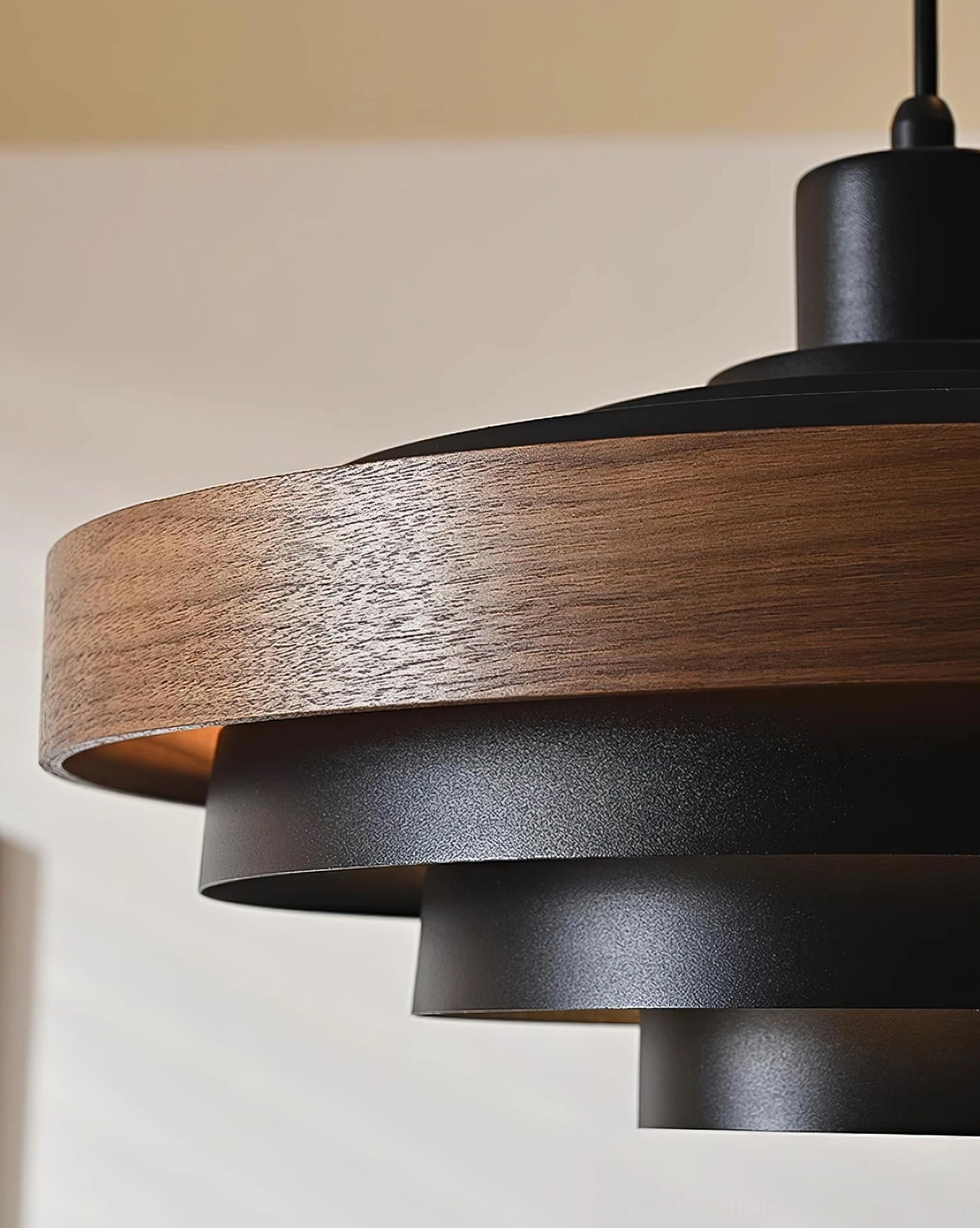 Carmen modern pendant light detail view, highlighting quality craftsmanship of wood and metal material blend