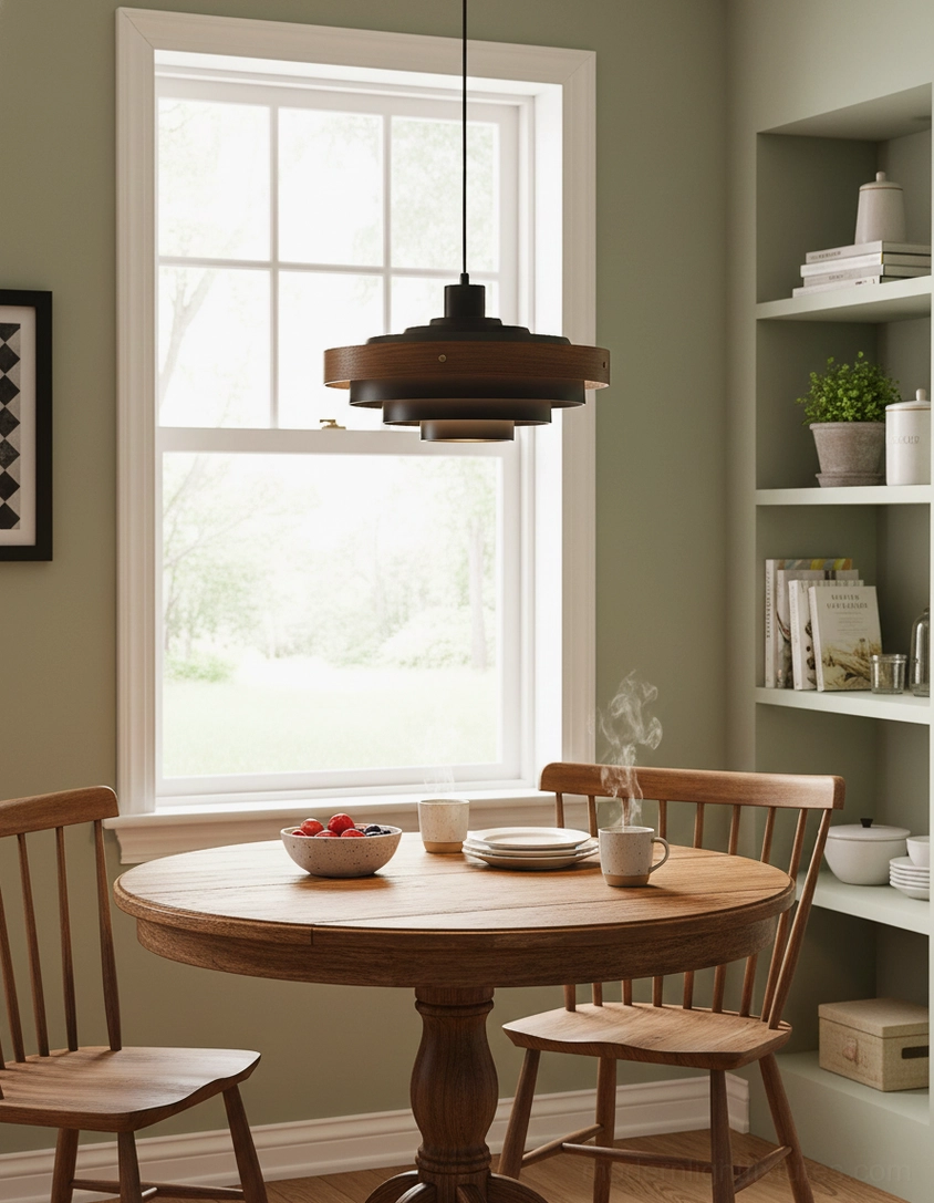 Carmen pendant light detail shot showing stacked metal and wood material combination and diffused ambient lighting effect