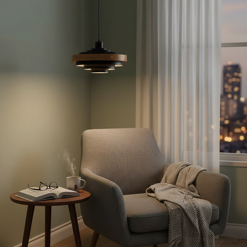 Carmen tiered pendant lamp installed above dining surface, creating intimate warm ambient light and architectural focal point