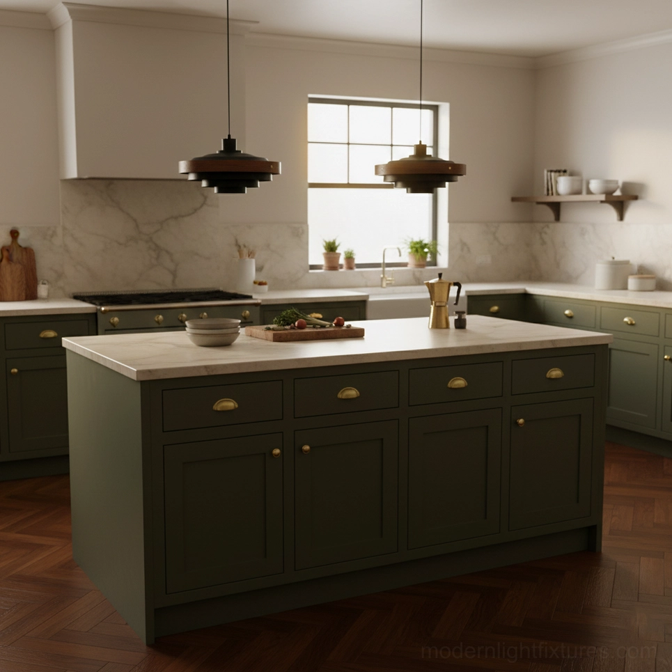 Multiple Carmen tiered pendant lamps in traditional green cabinet farmhouse kitchen with classic American home aesthetic