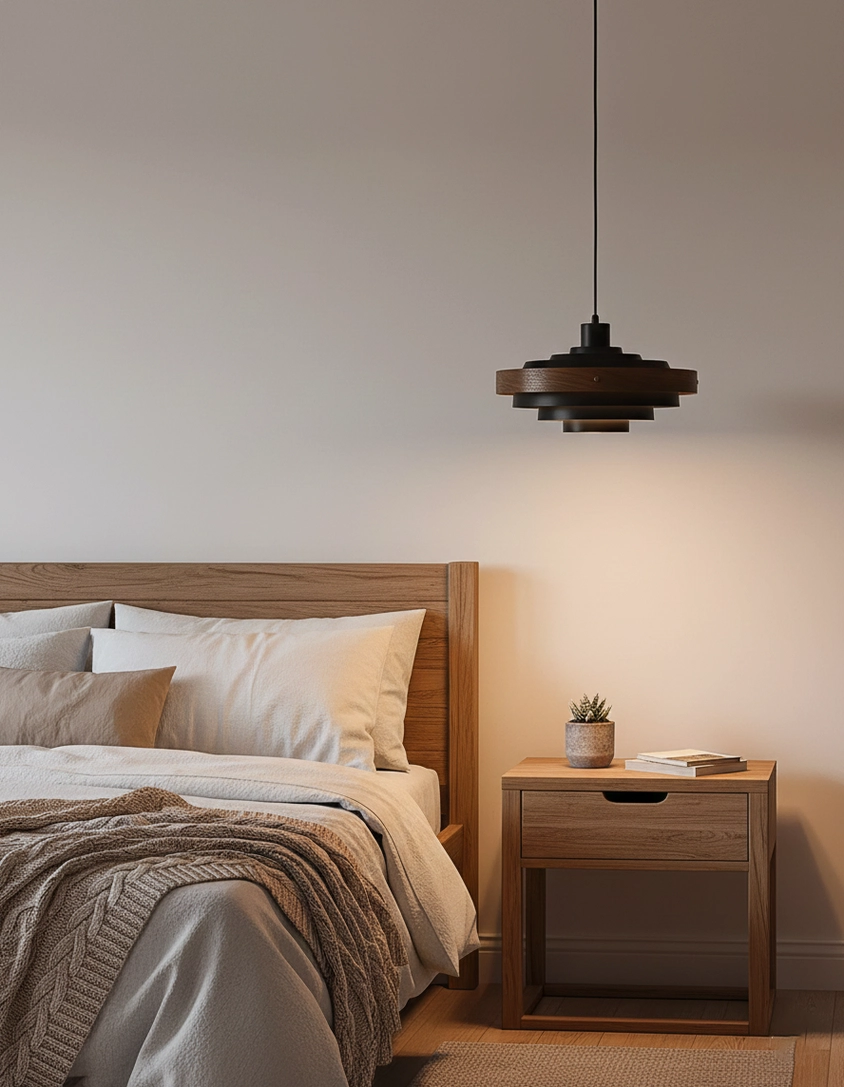 Carmen tiered pendant light with matte finish and wooden accent bands, architectural overhead lighting statement piece