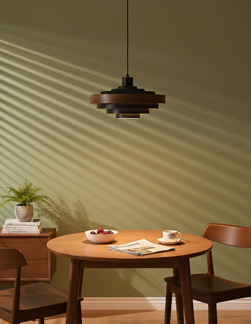 Carmen modern pendant light with natural wood and metal construction, overhead interior dining room placement