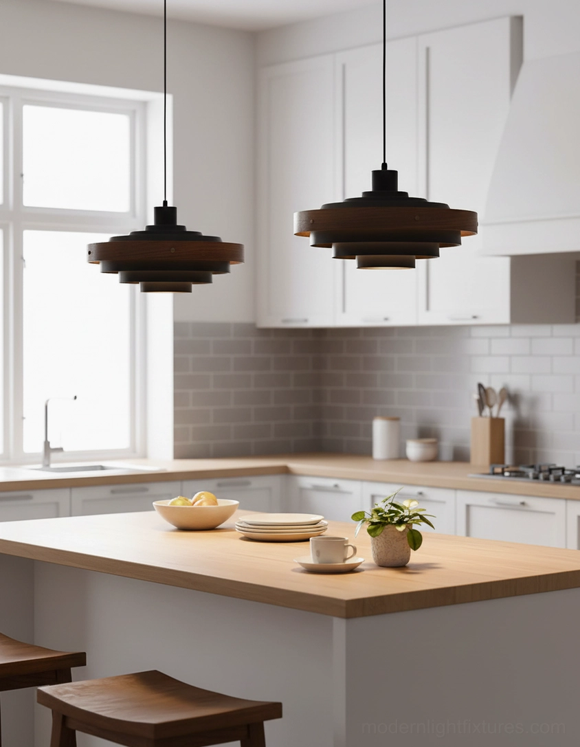 Pair of matte black Carmen tiered pendant lights in white cabinet modern kitchen, downward ambient lighting over dining island