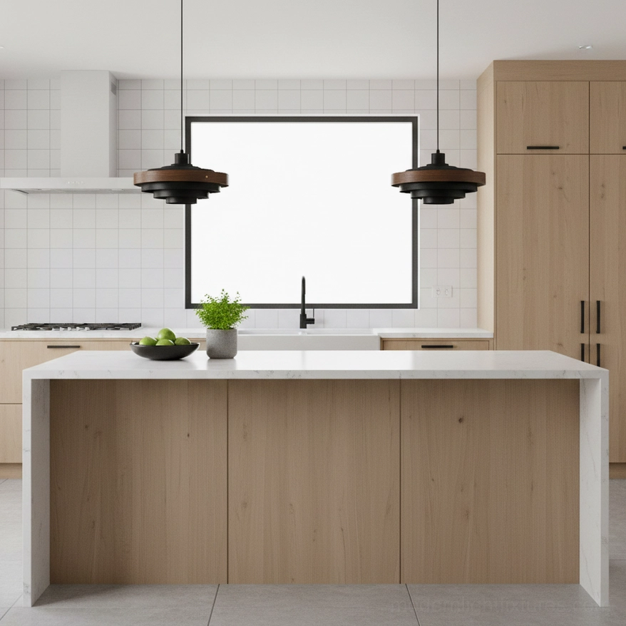 Pair of Carmen pendant lights hanging in contemporary light wood kitchen with central island and minimalist warm neutral decor