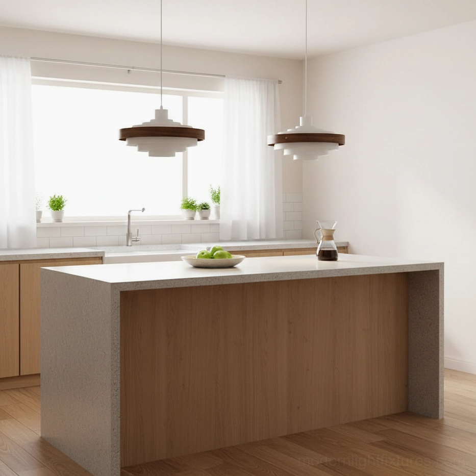 Light-toned Carmen layered pendant lamps in bright Scandinavian kitchen with large windows and minimalist interior design