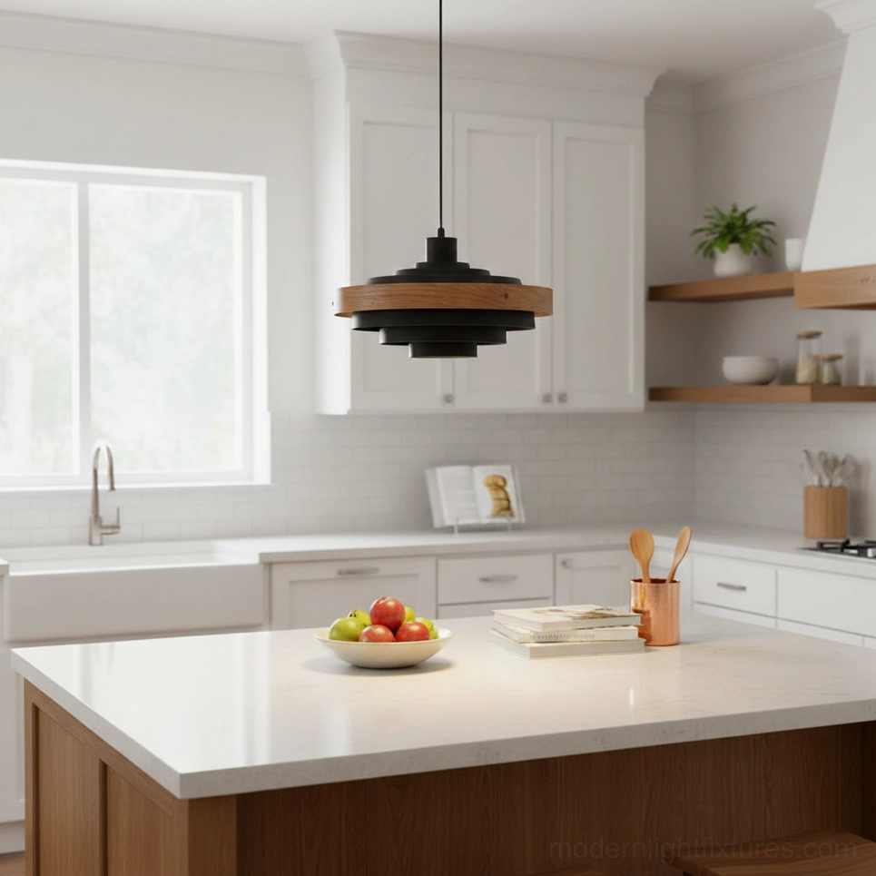 Carmen tiered pendant light in natural wood and metal finish, side profile view showing layered disc architectural design