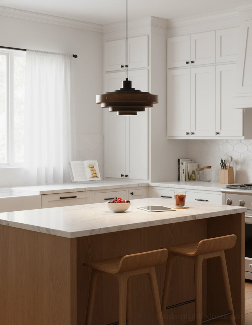 Carmen modern pendant lamp with black metal frame and wood bands, three-quarter view highlighting geometric tiered construction