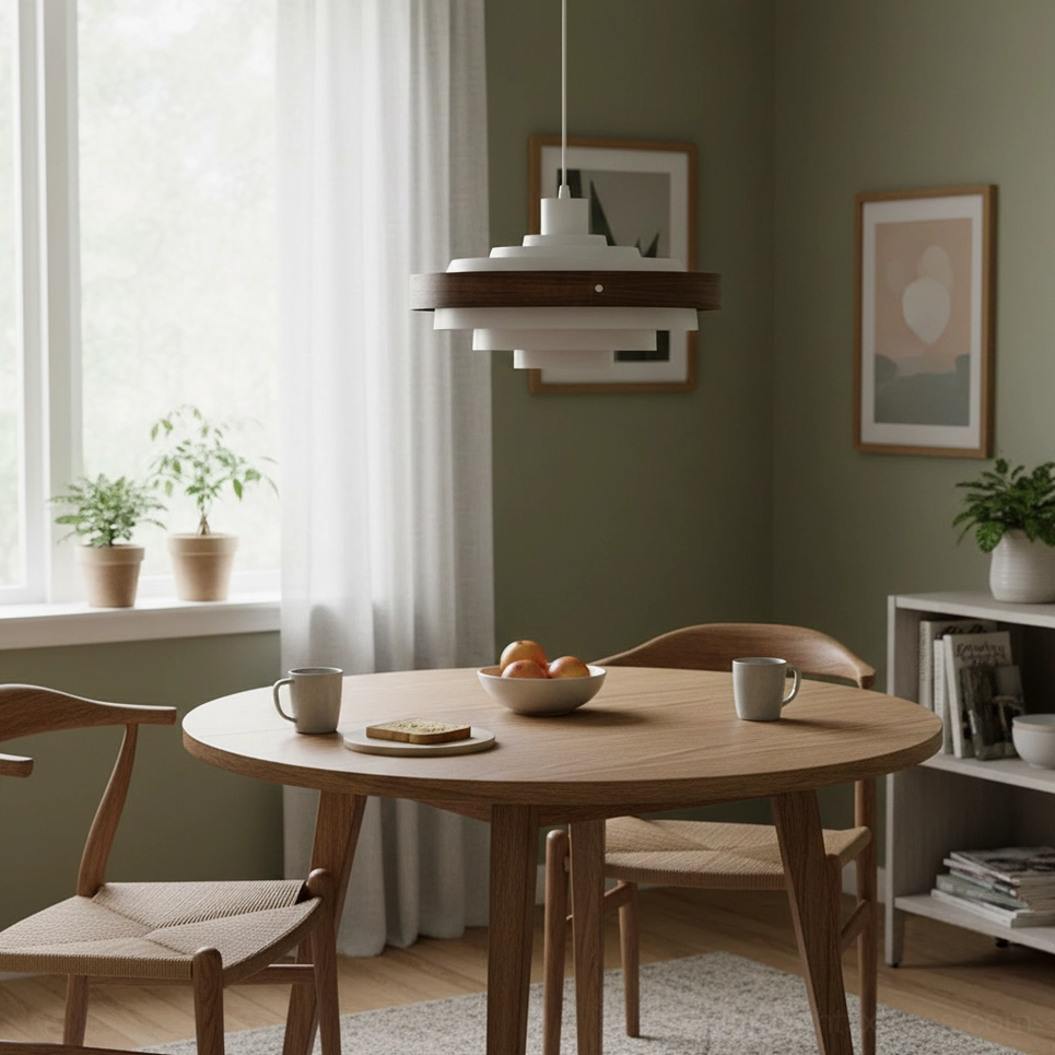 Carmen wood and metal tiered pendant light with warm interior illumination, showcasing diffused ambient glow and form