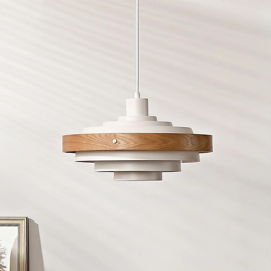 Carmen tiered pendant in white metal frame with natural wood color bands, clean contemporary minimalist design