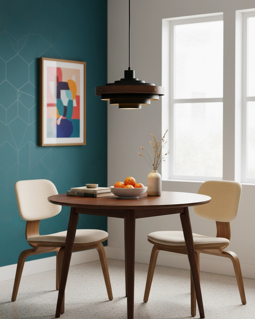 Carmen pendant lamp front view in white and natural wood colorway, clean minimalist contemporary lighting design