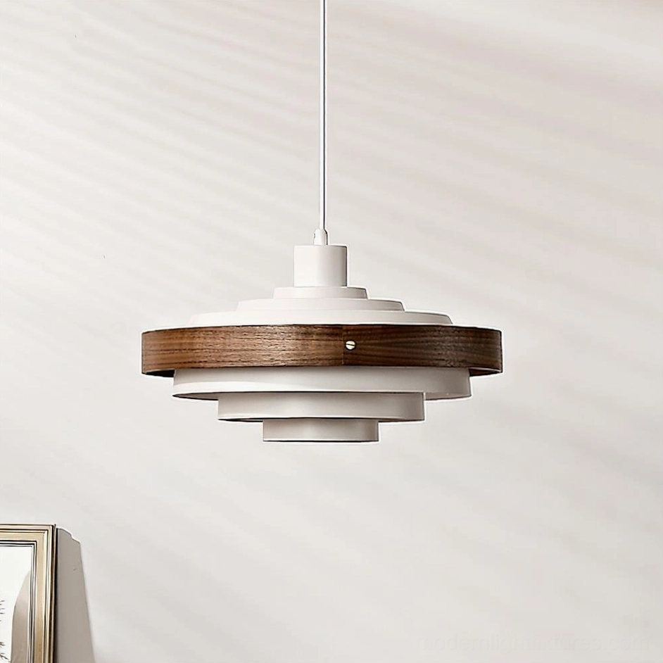 Carmen pendant lamp in white and walnut color combination, hanging interior view with warm ambient illumination