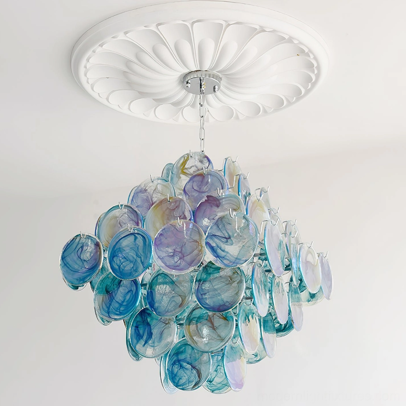 Carmosa glass disc chandelier elegant ceiling view showing hardware installation and light source positioning