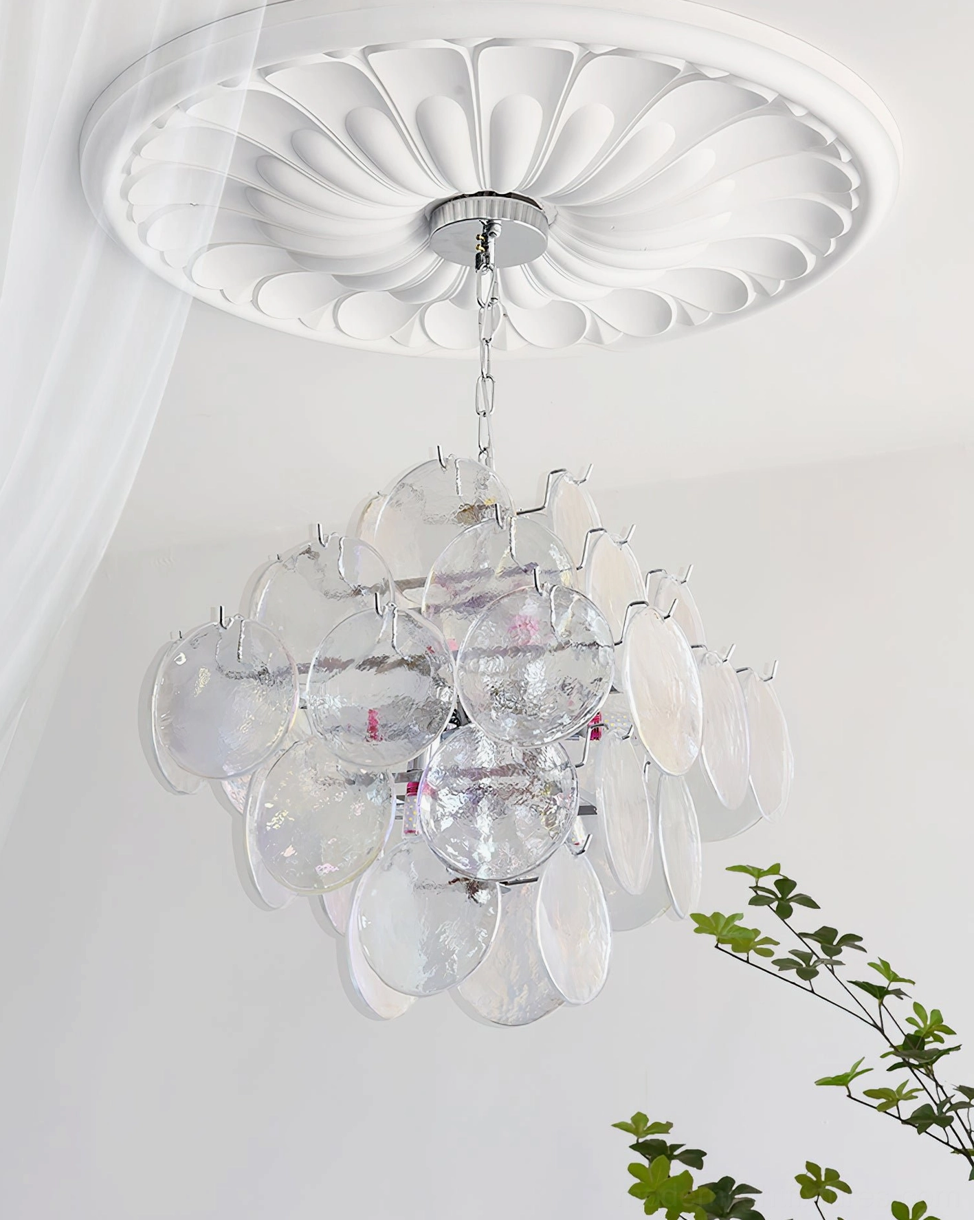 Carmosa glass disc chandelier luxury interior view with elegant decor and refined aesthetic positioning