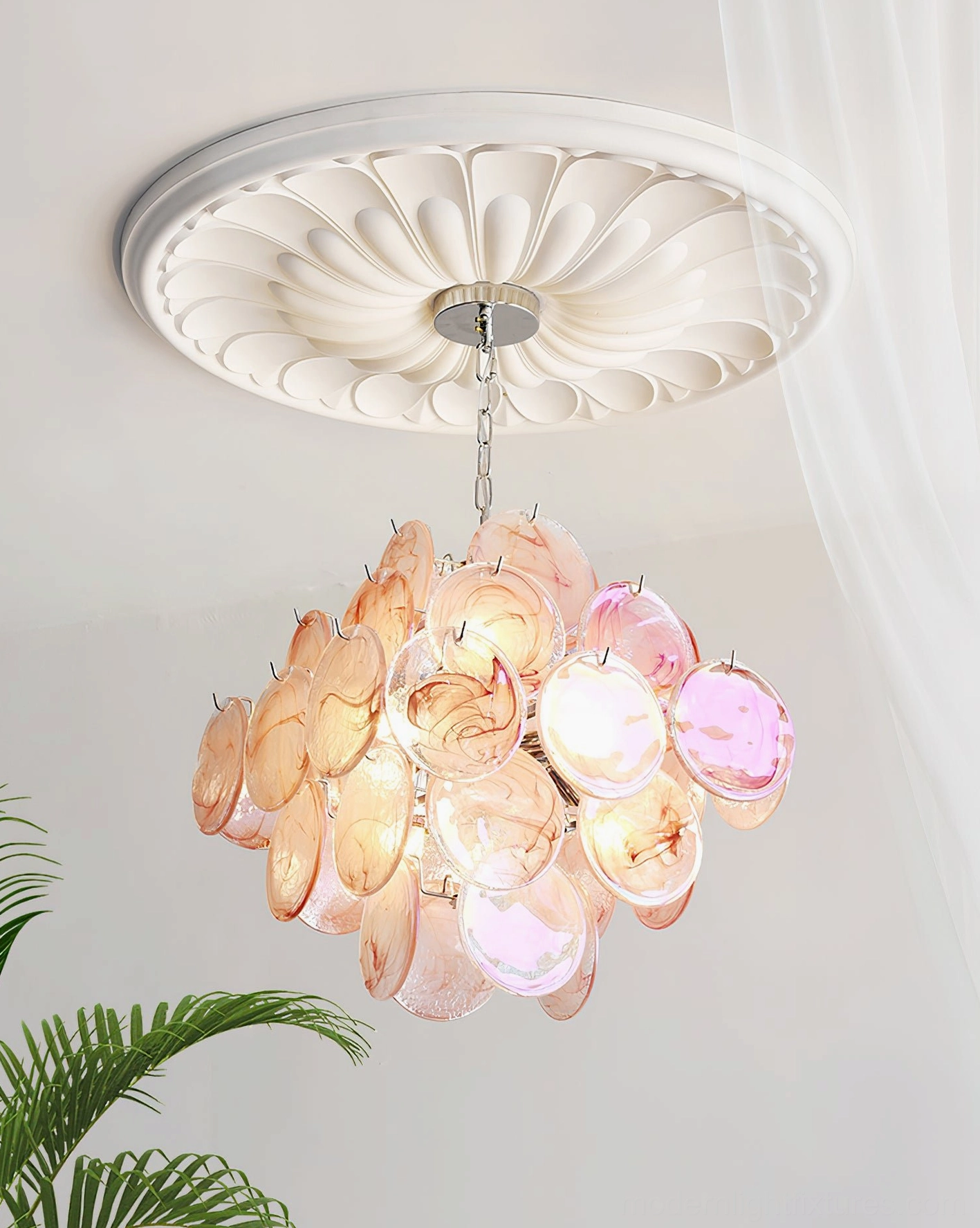 Carmosa glass disc chandelier loft interior industrial modern space view emphasizing sculptural design quality