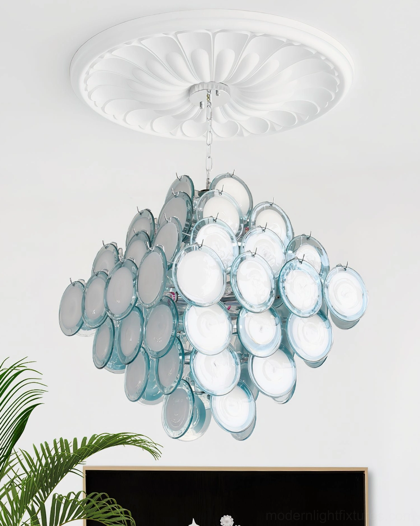 Carmosa hand-blown glass chandelier architecture view in contemporary luxury setting with refined styling