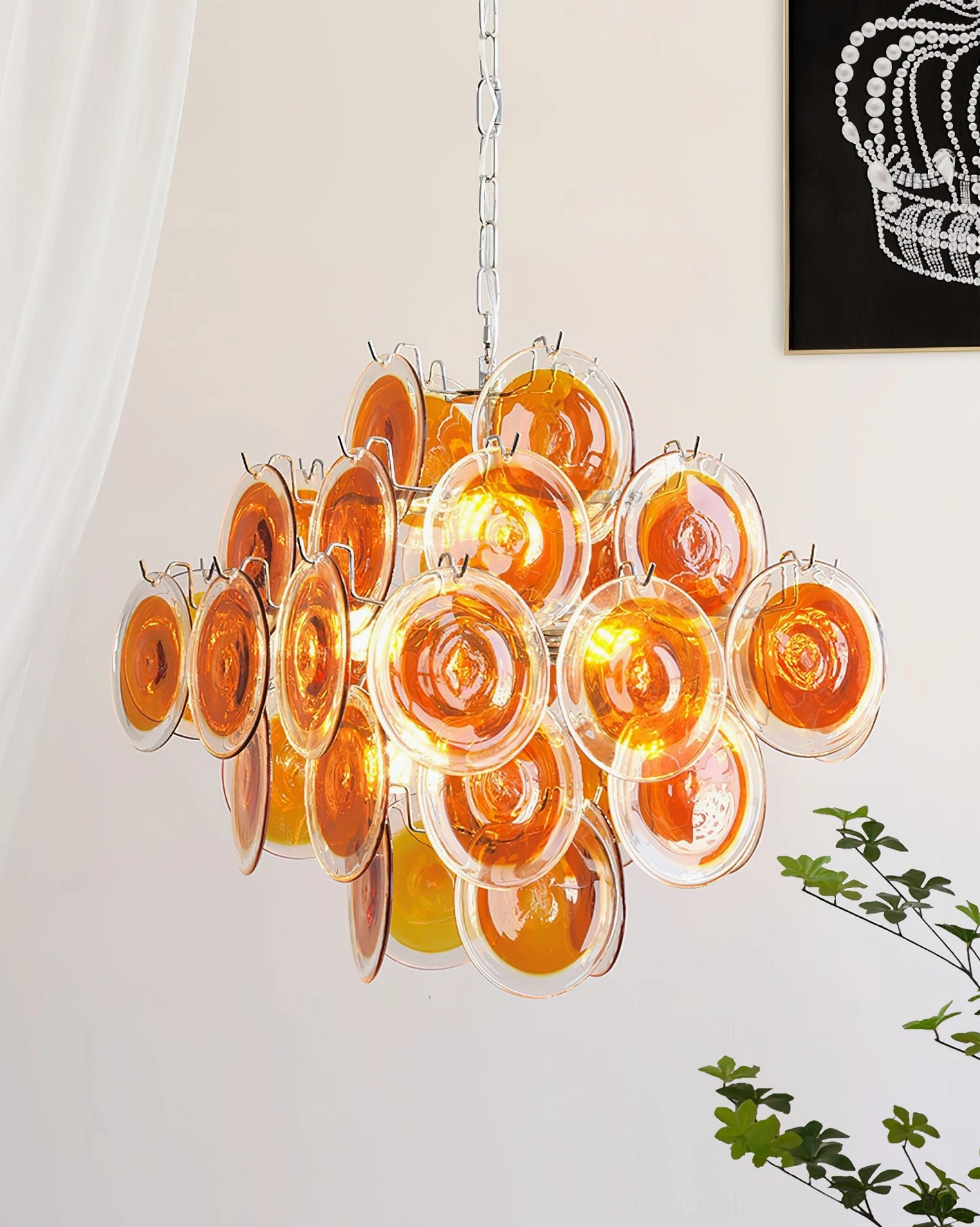Carmosa hand-blown glass chandelier installed view in modern luxury home with contemporary furnishings
