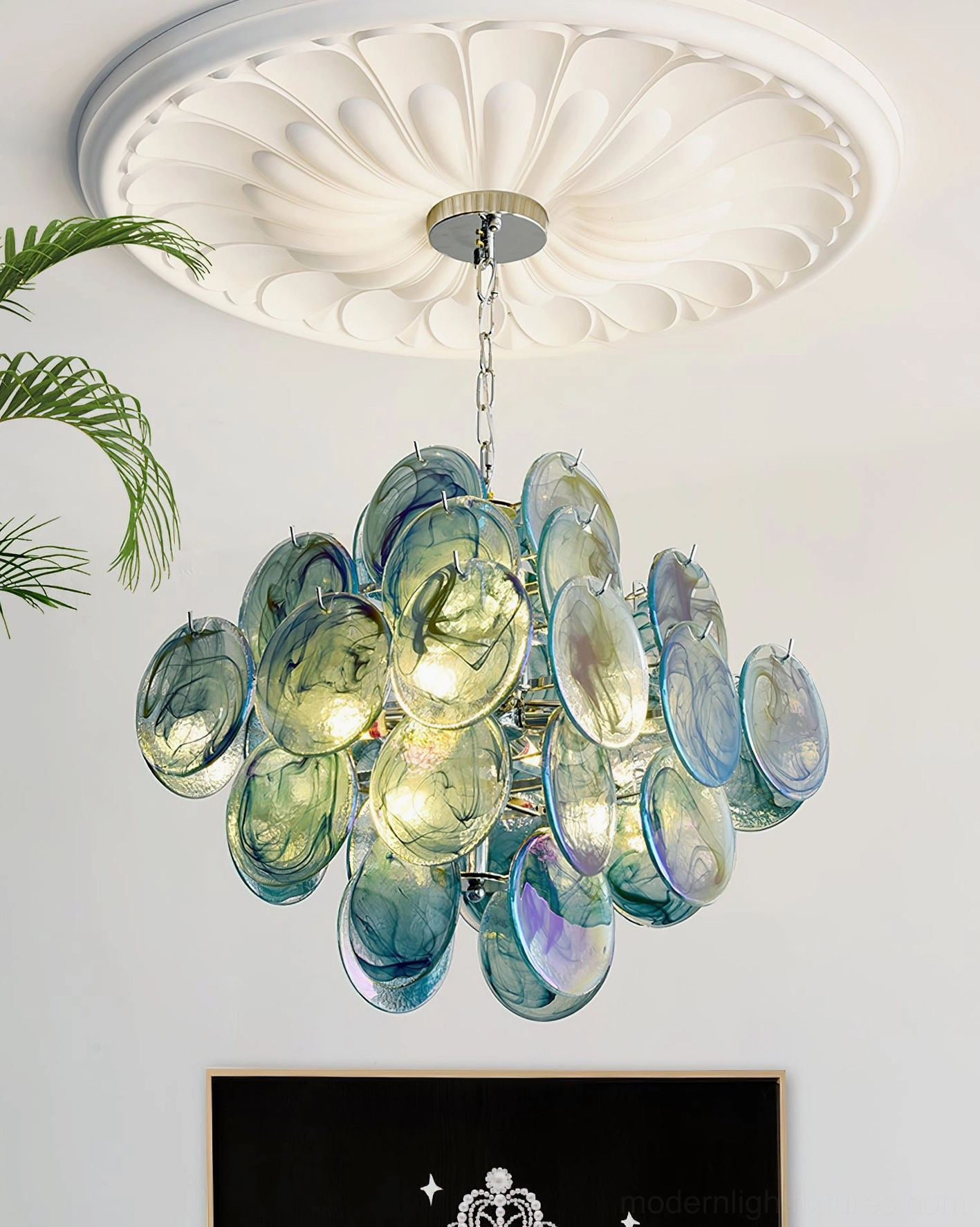 Carmosa hand-blown glass chandelier detail overhead lighting view showing E14 socket arrangement and discs