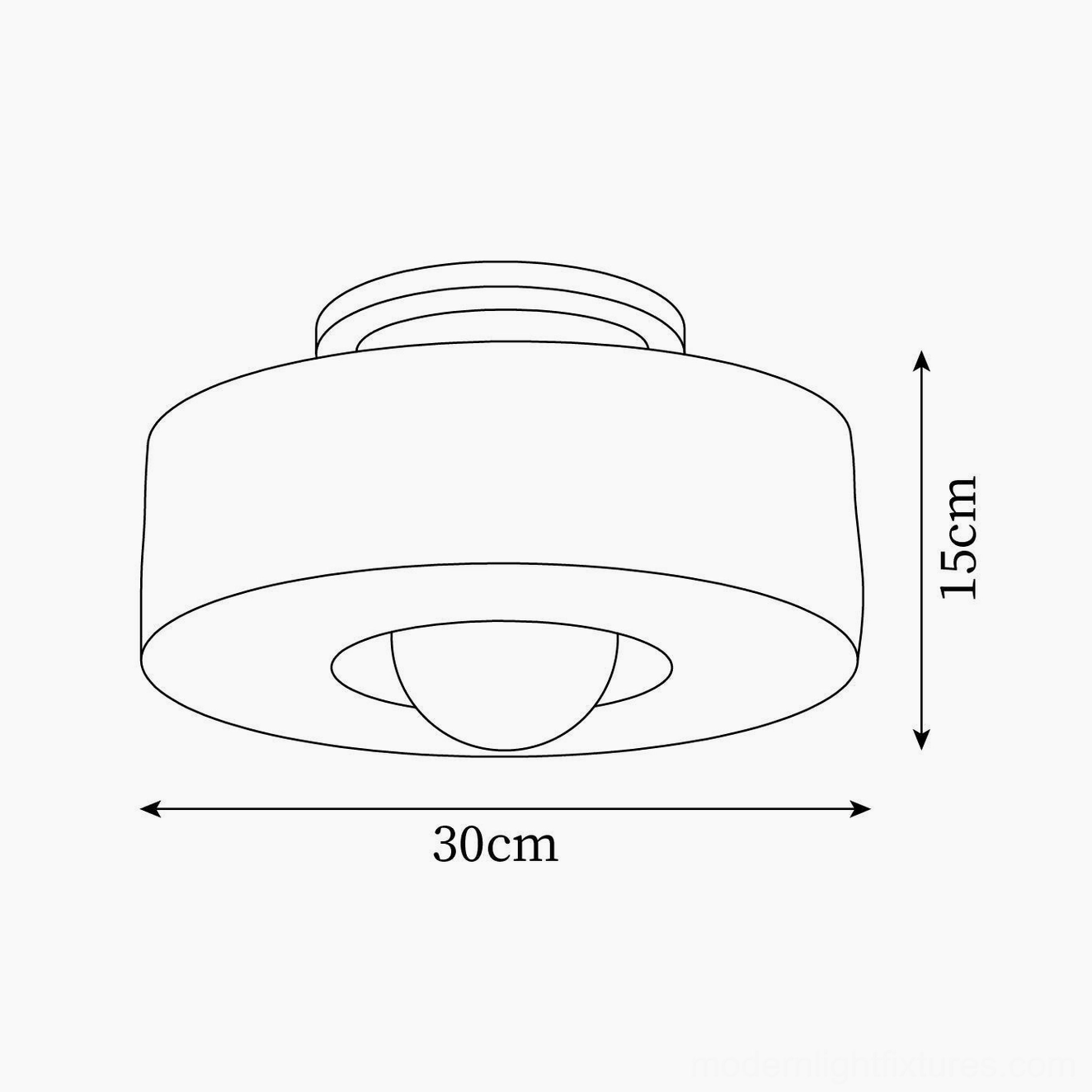 Carneros ceiling light fixture technical orthographic drawing, dimensions 30cm diameter by 15cm height