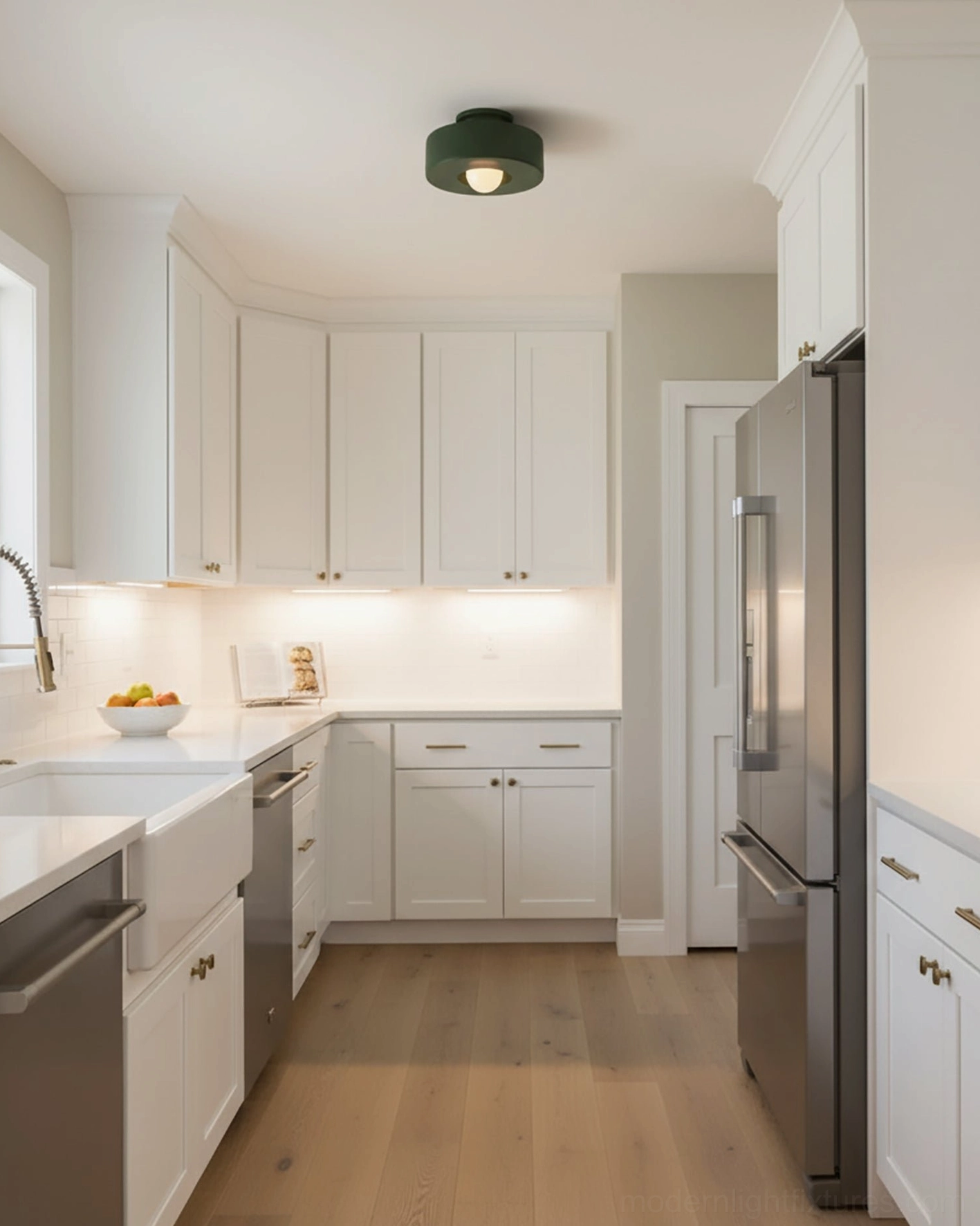 Dark green Carneros modern ceiling light fixture in white cabinet kitchen, damp-rated flush-mount design