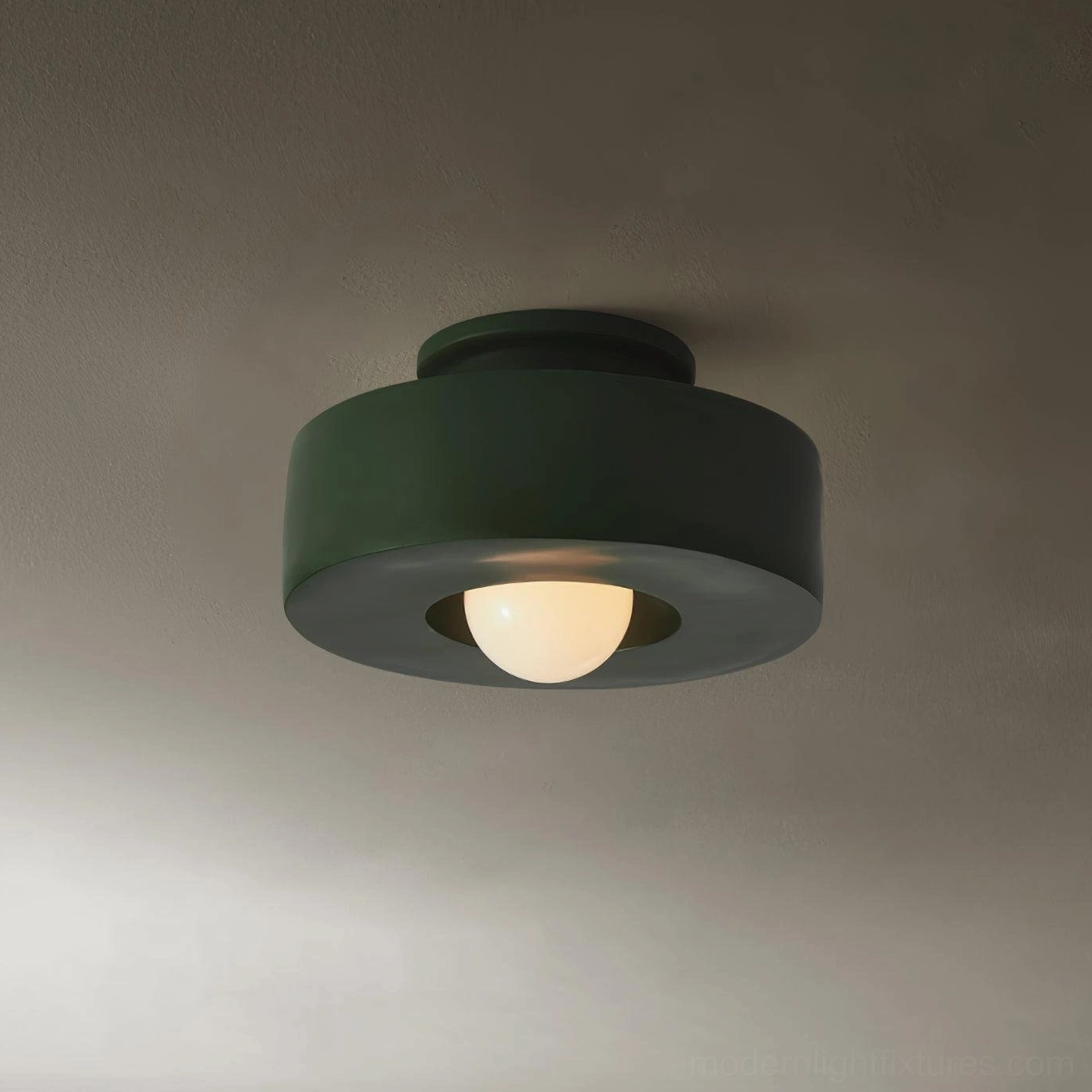 Green Carneros modern ceiling lamp variant, forest green stacked resin flush-mount fixture