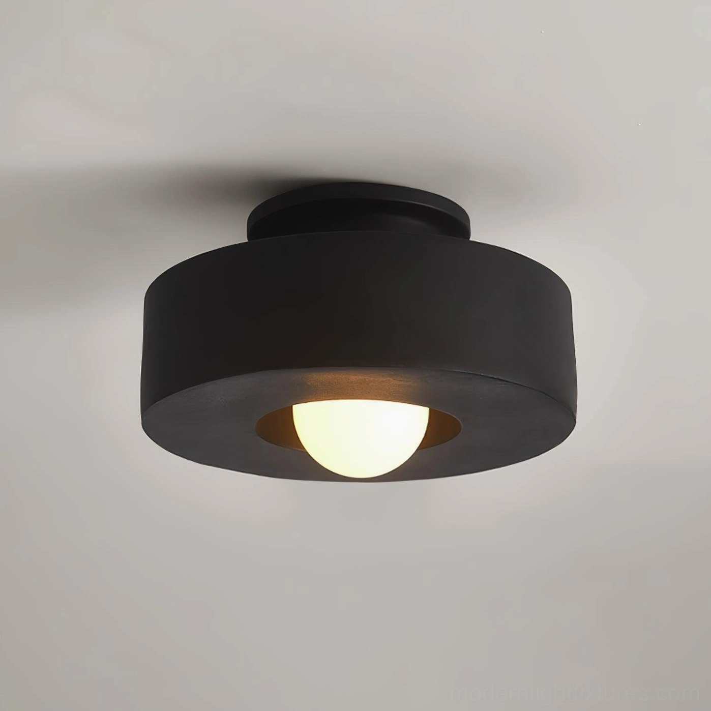 Carneros red ceiling light fixture, close-up view of glass canopy and resin diffusion form