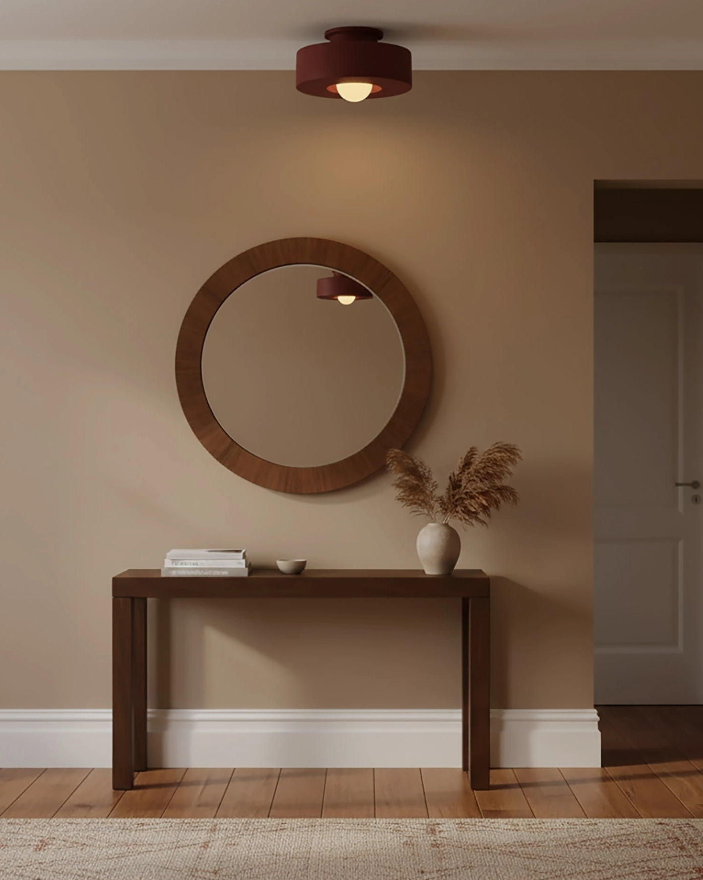 Carneros burgundy stacked resin ceiling light installed in residential hallway with round mirror, modern home lighting