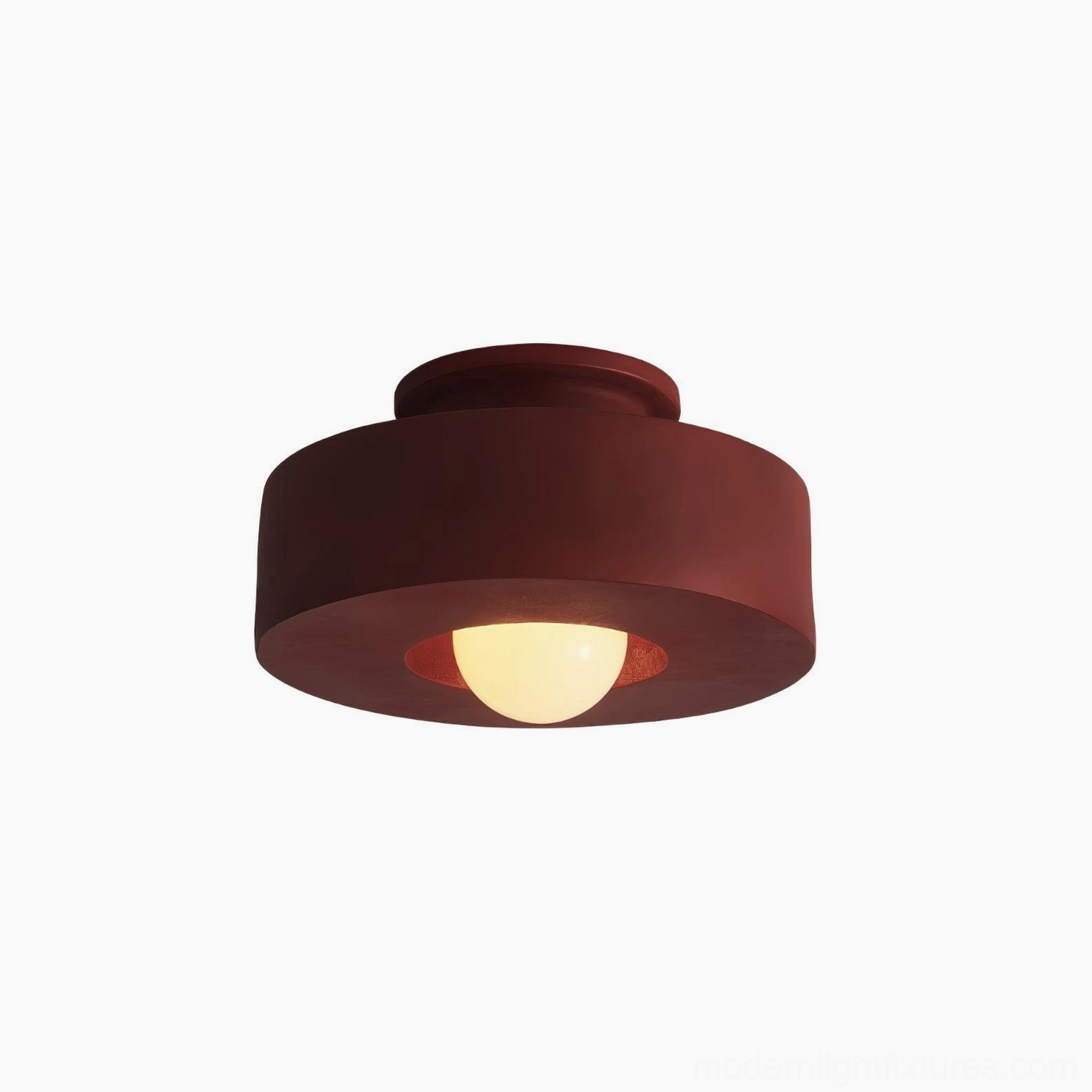 Carneros burgundy stacked resin ceiling fixture, low upward view from below showing form and shadow