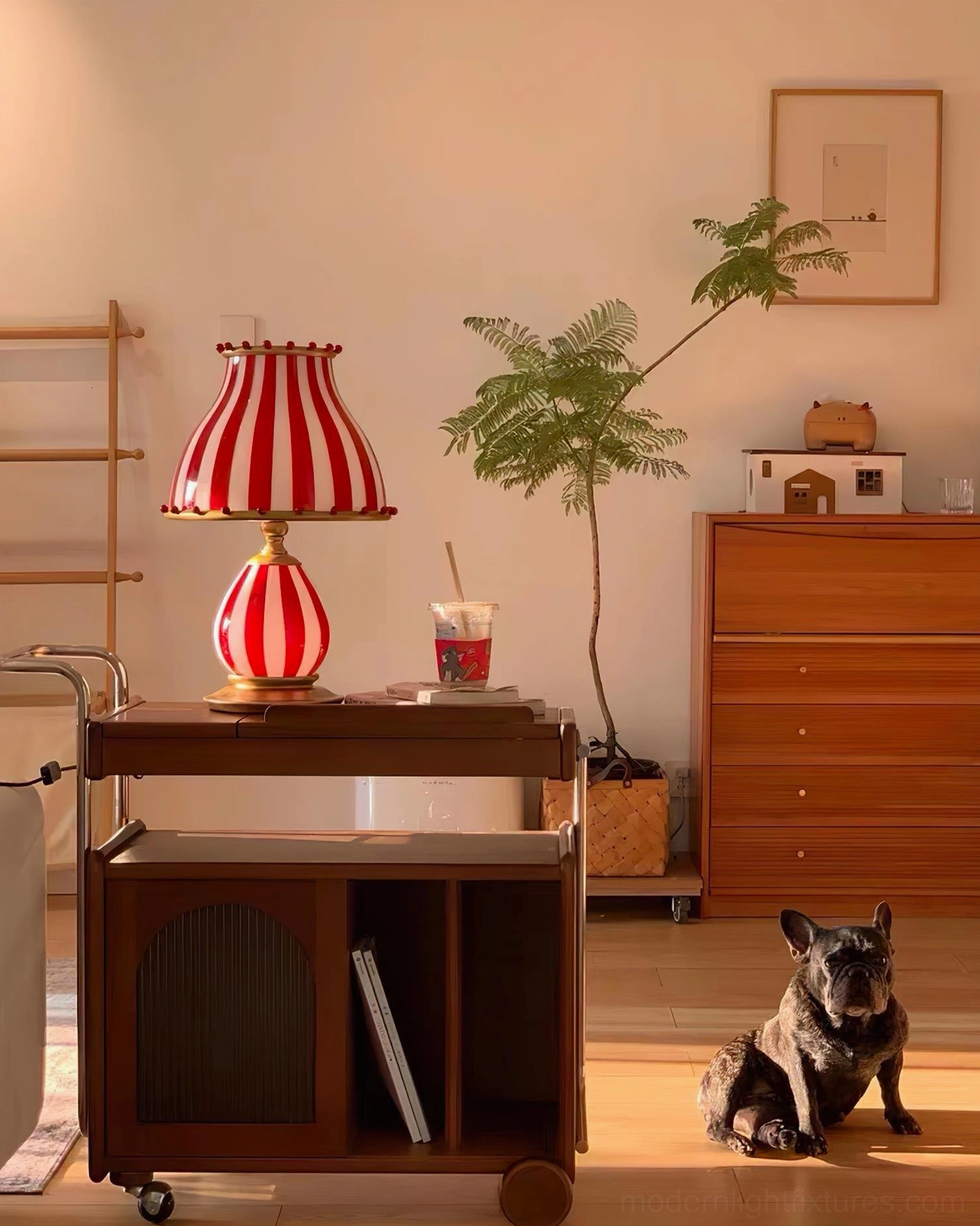 Carnival inspired striped table lamp with pom-pom shade detail