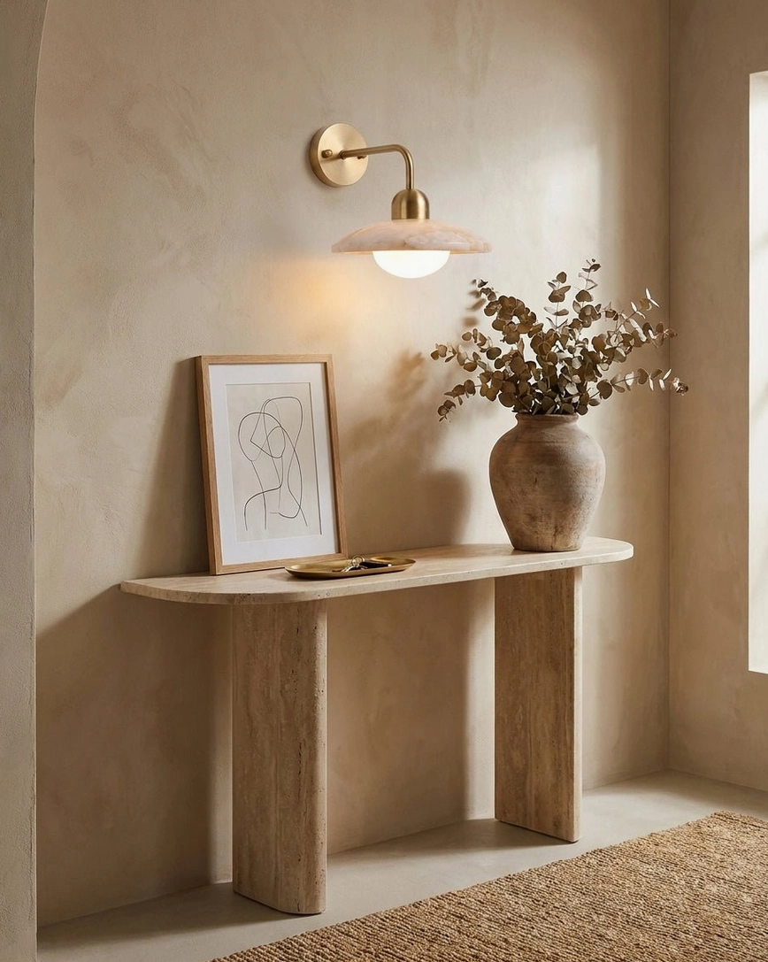 Carolia alabaster wall sconce above wooden console table with wall art and floral vase styling