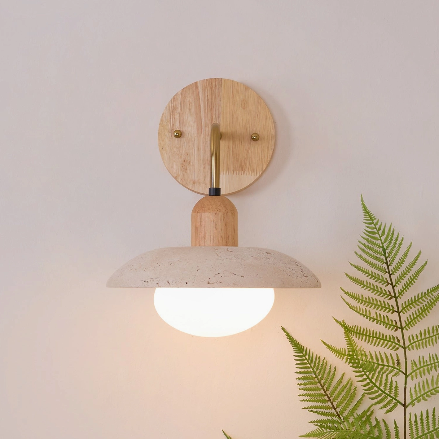 Modern minimalist wall lamp with solid wood backplate, globe bulb, and matte stone shade against fern