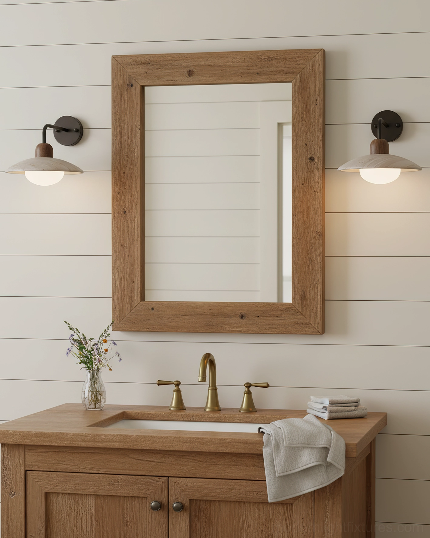 Carolia wall lamp wood backplate and brass arm construction showing minimalist material assembly