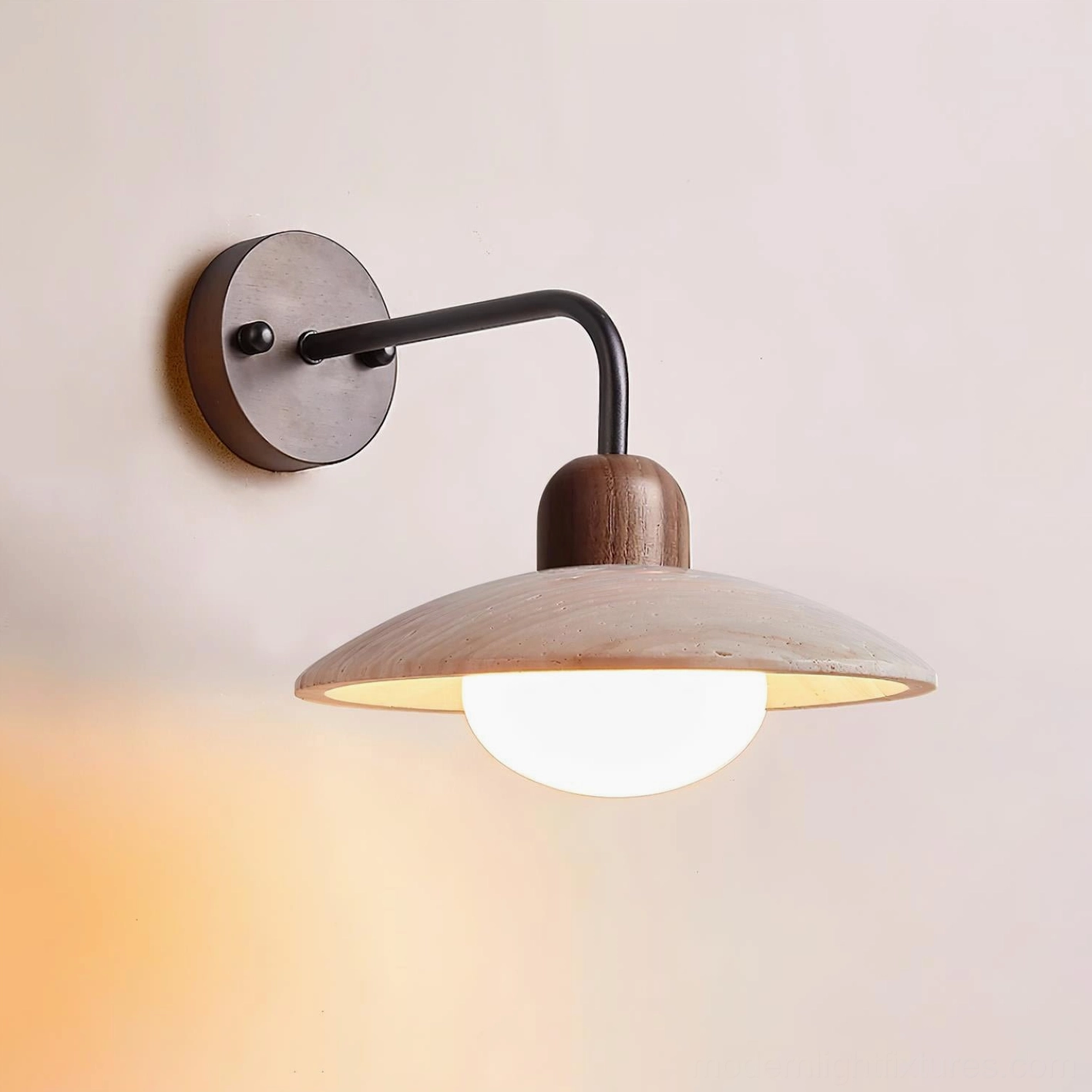 Carolia wall sconce with black brass and beige wood finish option displayed in modern interior setting