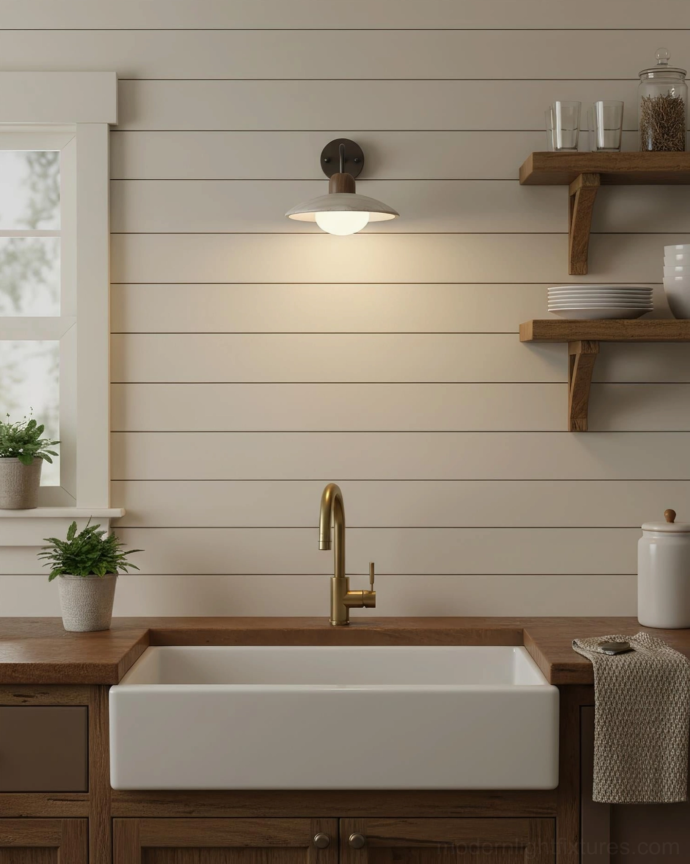 Carolia travertine wall sconce detail showing textured stone shade and brushed brass arm mechanism