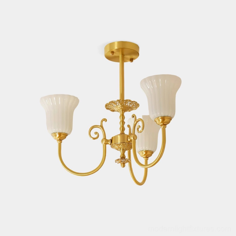 Caroline brass chandelier 3-head front view with fluted white glass shades on studio white background