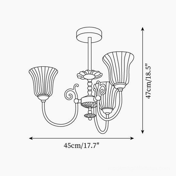 3-head Caroline brass chandelier technical dimension drawing schematic 45cm diameter 47cm height