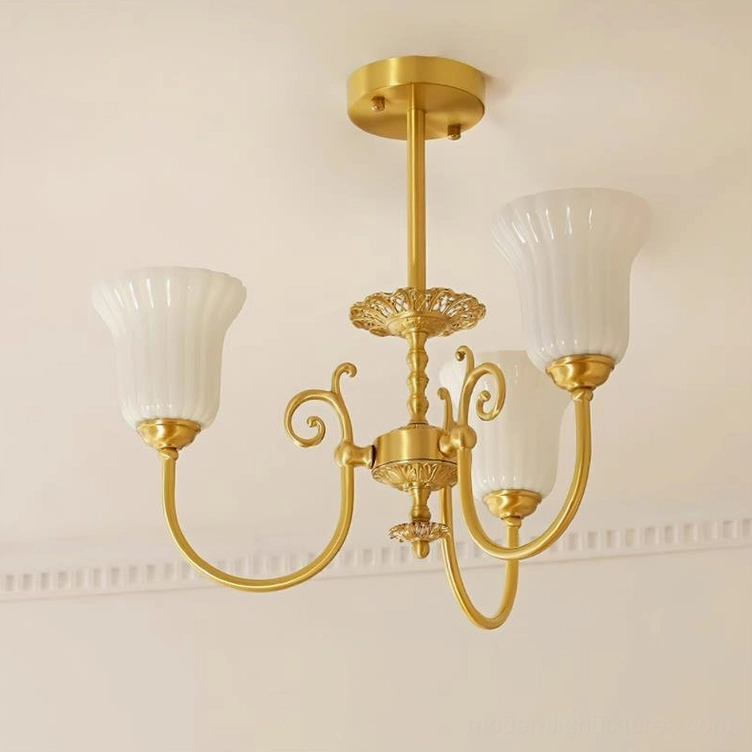3-head brass chandelier variant in full studio view showing complete design proportions