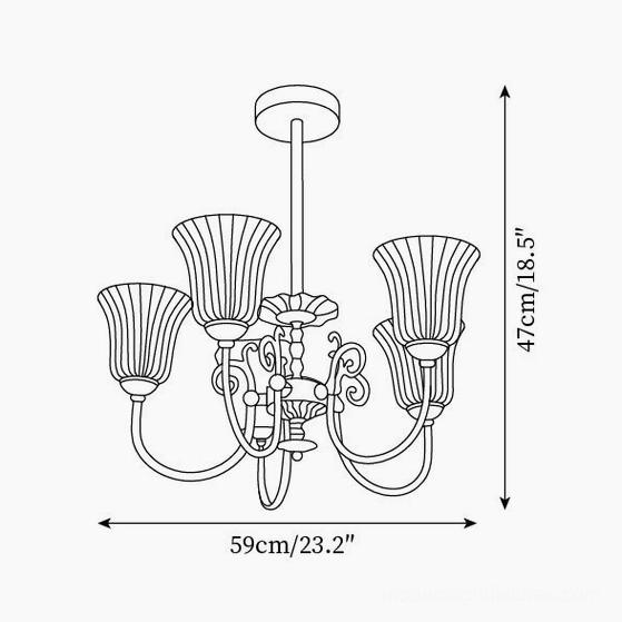 5-head brass chandelier flat view with ornate gold metal frame in luxurious European design