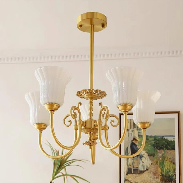 5-head brass chandelier variant installation showing maximum light output and room coverage