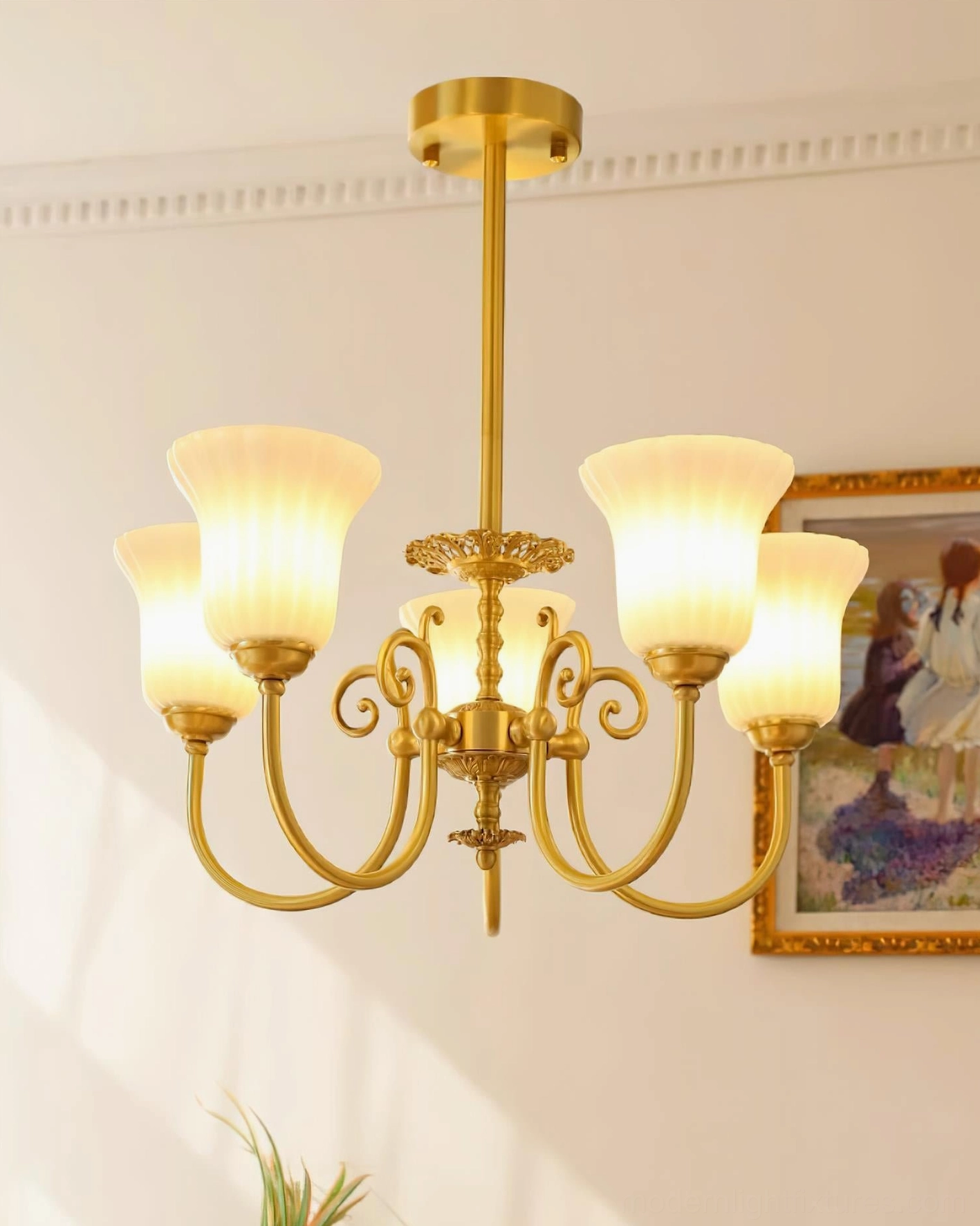 Caroline brass chandelier with dimmer compatibility controlling light intensity in bedroom