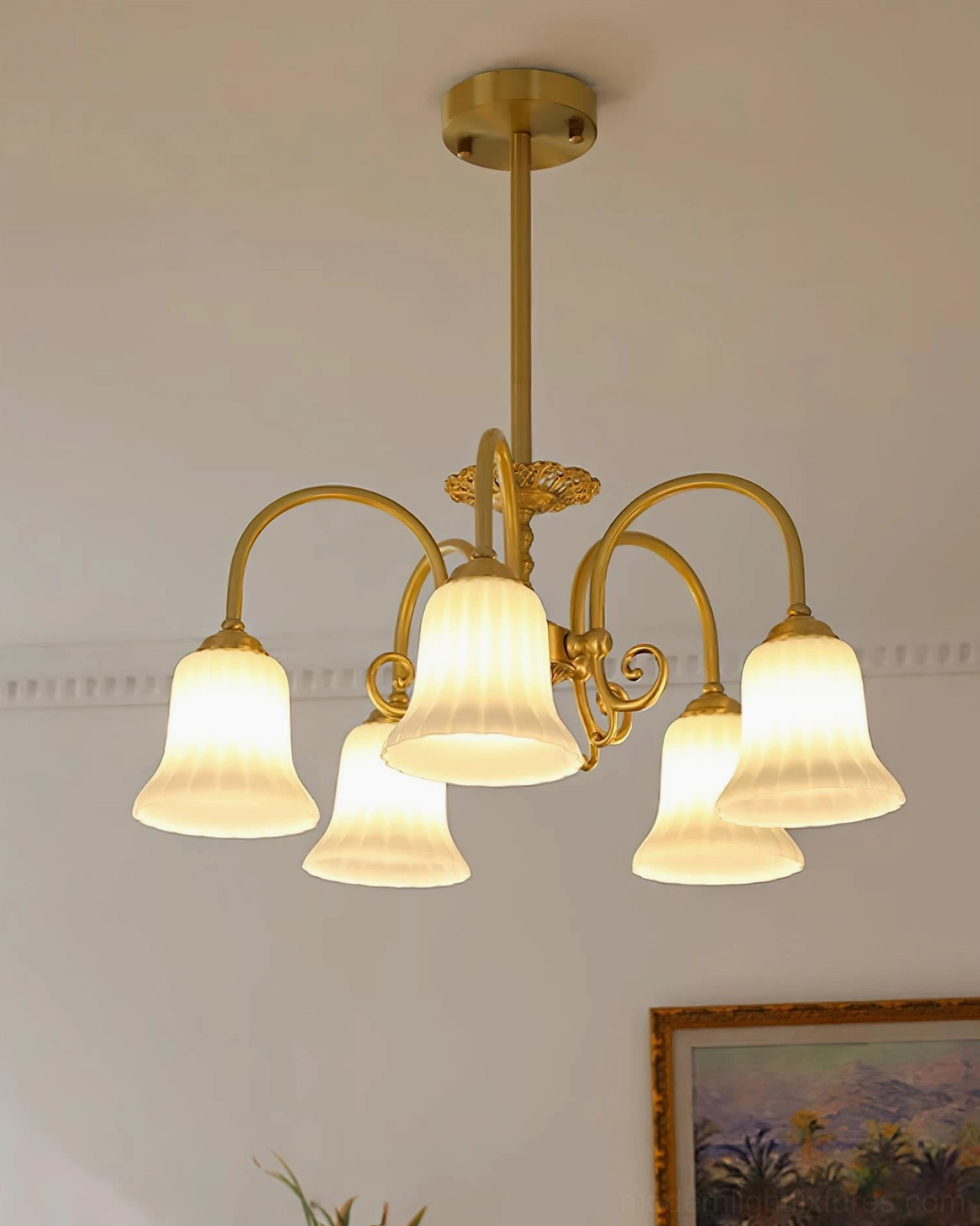 Comprehensive view of brass chandelier in traditional European interior design setting