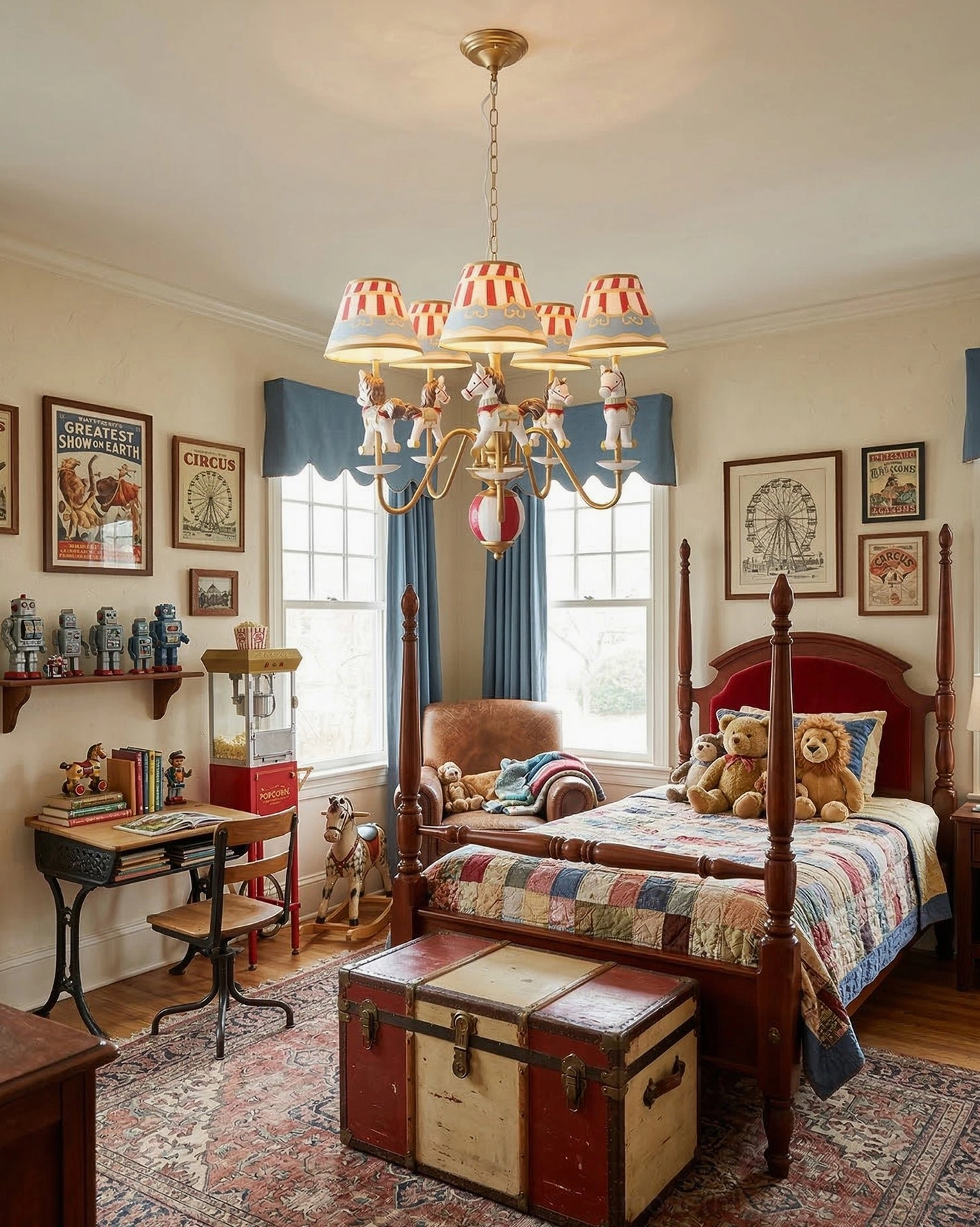 Carousel chandelier showing adjustable hanging chain installation and multi-arm metal framework supporting five fabric lampshades